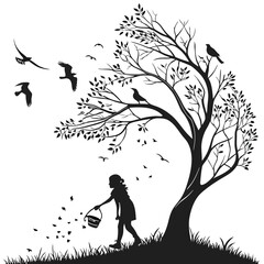 Silhouette of a Girl Scattering Seeds under a Tree Full of Birds Creates a Serene and Peaceful Natural Setting