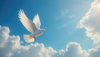 White Dove Flying Gracefully Against Bright Blue Sky with Clouds