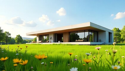 Modern Minimalist House with Green Meadow and Blue Sky Scenery Architecture