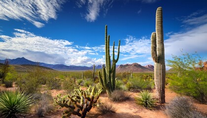 A Breathtaking Desert Landscape Featuring Towering Cacti Vibrant Shrubs And Distant Mountains Under A Blue Sky With Scattered Clouds