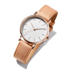 Close-up of a wristwatch with a white face, rose-gold casing, and tan leather strap on a white background, casting a soft shadow