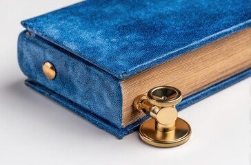 A close-up of a blue velvet-covered book with aged pages, secured by a metallic gold closure, sitting on a bright white surface with subtle shadows