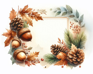 秋の落ち葉と松ぼっくりで飾られた木製フレームのイラスト01