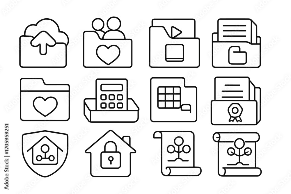 Poster file management line icon set. folder, document, and cloud storage icons outline style