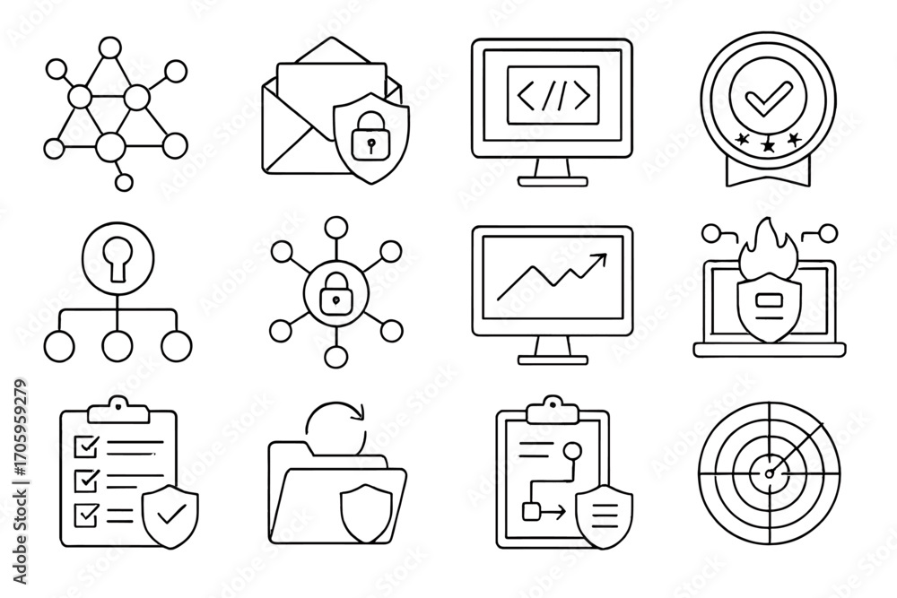 Poster security and data outline icon set. protection, network, monitoring linear collection