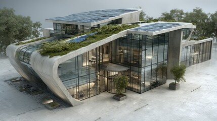 Modern Architectural Marvel: Sustainable Eco-Friendly Design with Solar Panels and Green Roof