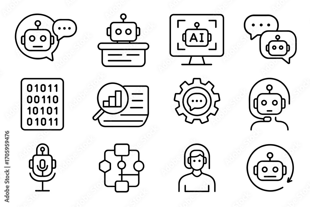 Poster ai and robotics outline icon set. chatbot, data, technology, coding outlines
