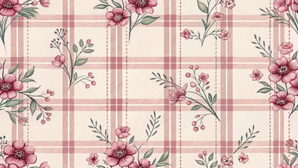 Floral plaid seamless pattern design, pastel pink background for textile, clothing, tablecloth and fashion.