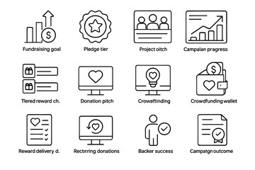 Crowdfunding and fundraising icon set outline style for campaigns and donations