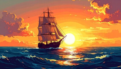Obraz premium Vintage Sailing Ship at Sunset Ocean Scene Illustration