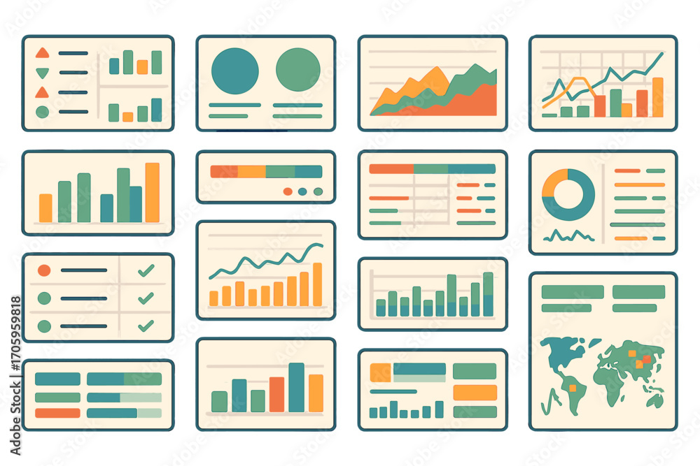 Poster data visualization icon set. charts, graphs, diagrams in flat style for analytics