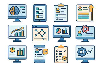 Technology, data management flat icon set. digital, analytics icons flat style collection