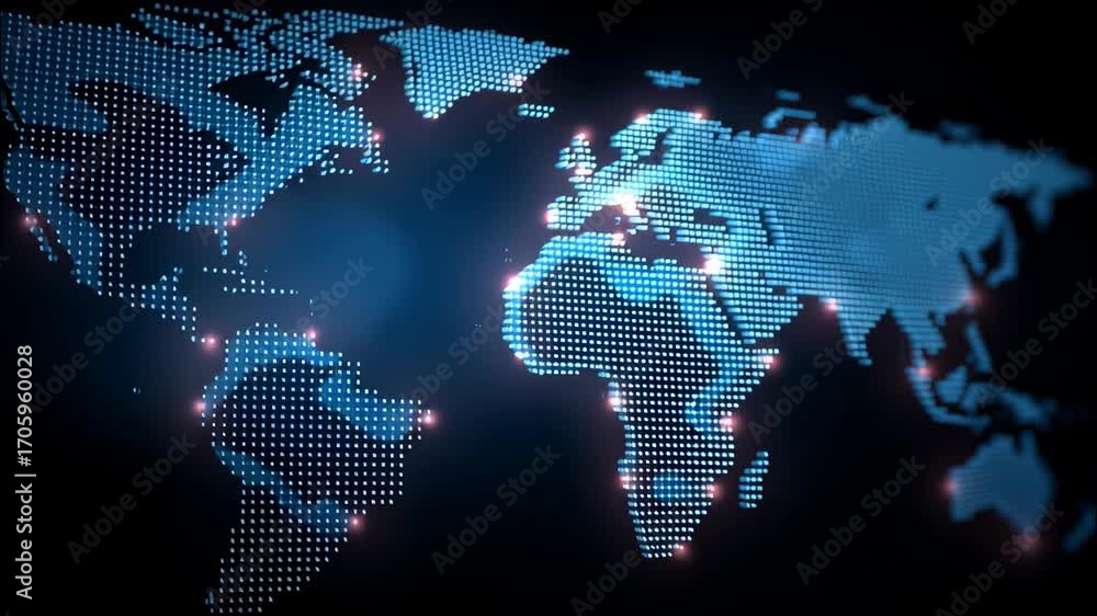 Poster futuristic digital world map visualizing global network data connection and serious intersection bet