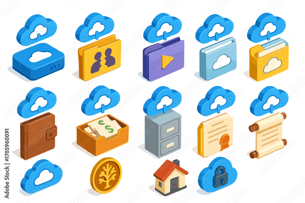 Poster cloud computing isometric icon set. data, storage icons isometric style collection