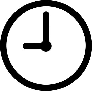 Simple black and white clock face showing nine o clock