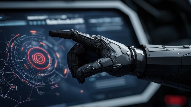 A robotic hand interacts with a futuristic digital interface displaying intricate designs and data visuals.