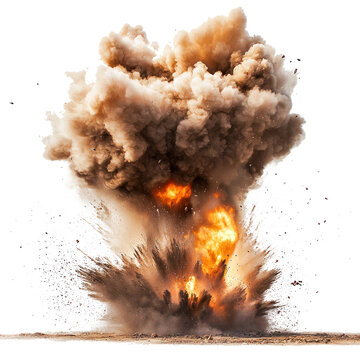 A large explosion with a cloud of dust and fire against a transparent background
