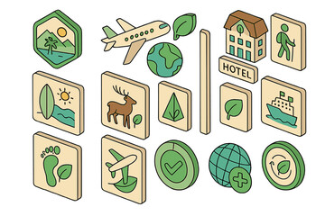 Eco-travel 3d icon set. nature, adventure, tourism, hotel, hiking icons collection