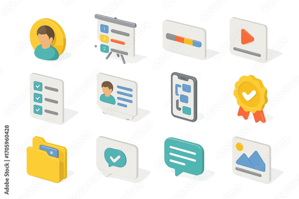 Aufkleber office productivity 3d icon set. tools for task management and organization