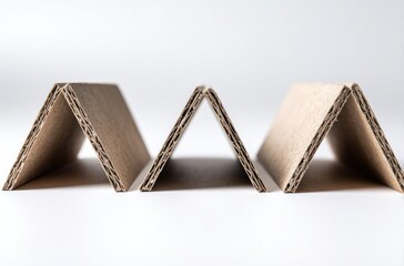 Three sections of folded corrugated cardboard in a line against a white background, creating a repeating triangular pattern, with subtle shadows