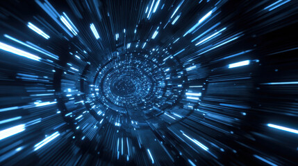 Futuristic data tunnel, glowing blue light streaks, fast motion energy vibe