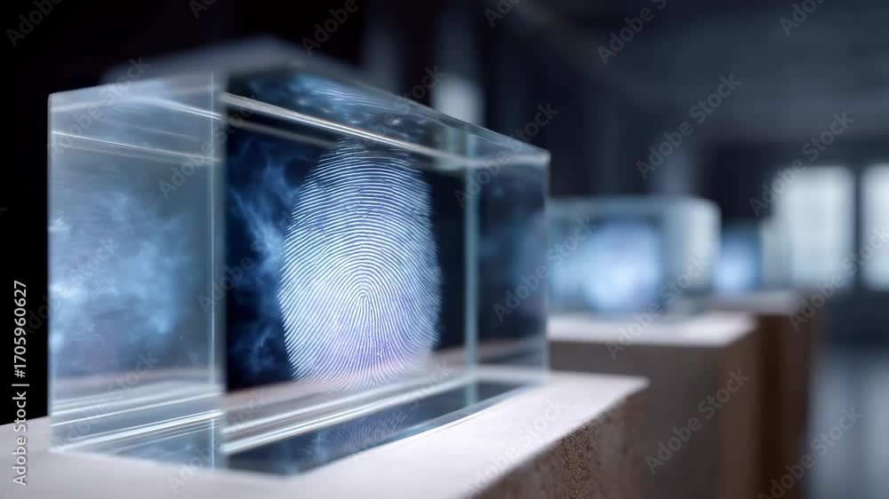 Poster futuristic digital identity security on glass display showing biometrics fingerprint data. serious c