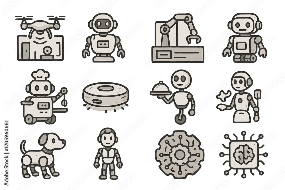 Poster technology, robotics line icon set. gadgets, ai, automation outlined collection