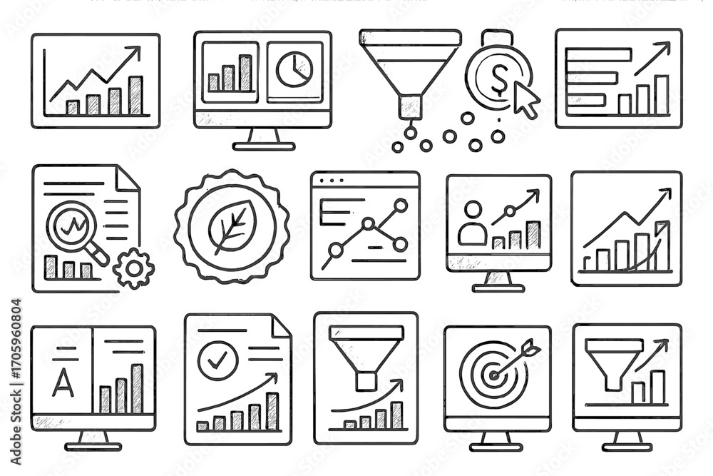 Aufkleber business and marketing analytics icon set. outline style for data visualization insights