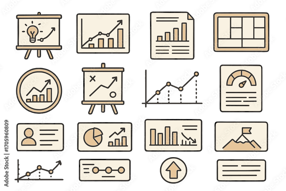 Poster business and analytics flat icon set. data visualization, report elements collection