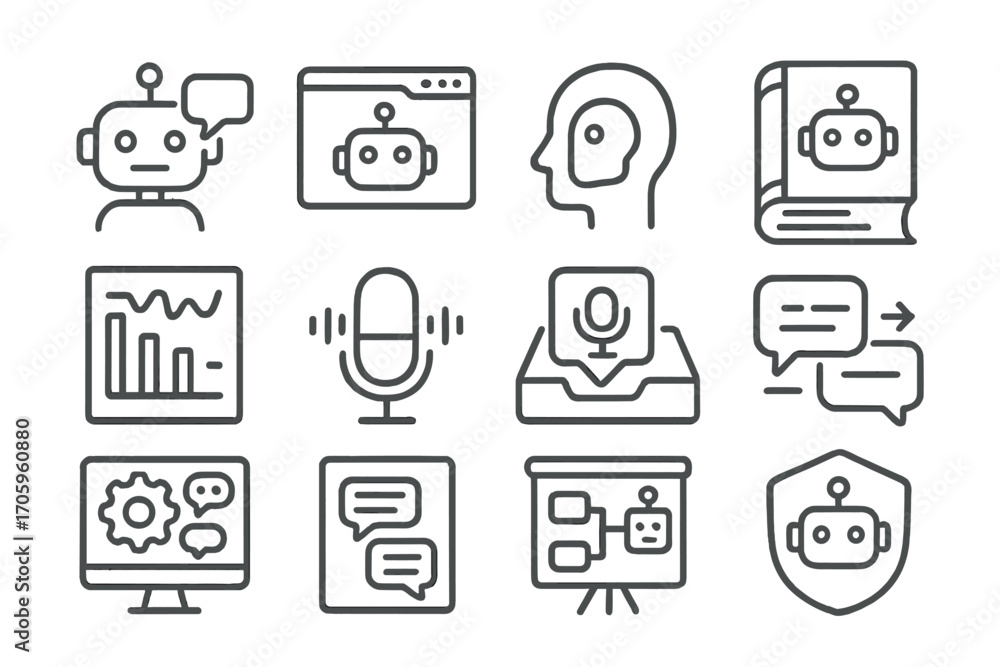 Poster artificial intelligence linear icon set. robotics, chatbot symbols in line style.