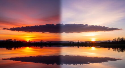 Fototapeta premium Stunning Sunset Reflection on Calm Lake Water.