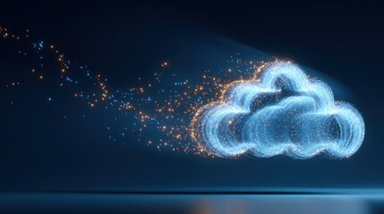 Luminous blue cloud outlined in sparkles trails ethereal light on a dark surface, creating a digital, abstract representation