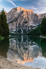Lago di Braies or Pragser Wildsee at sunset.