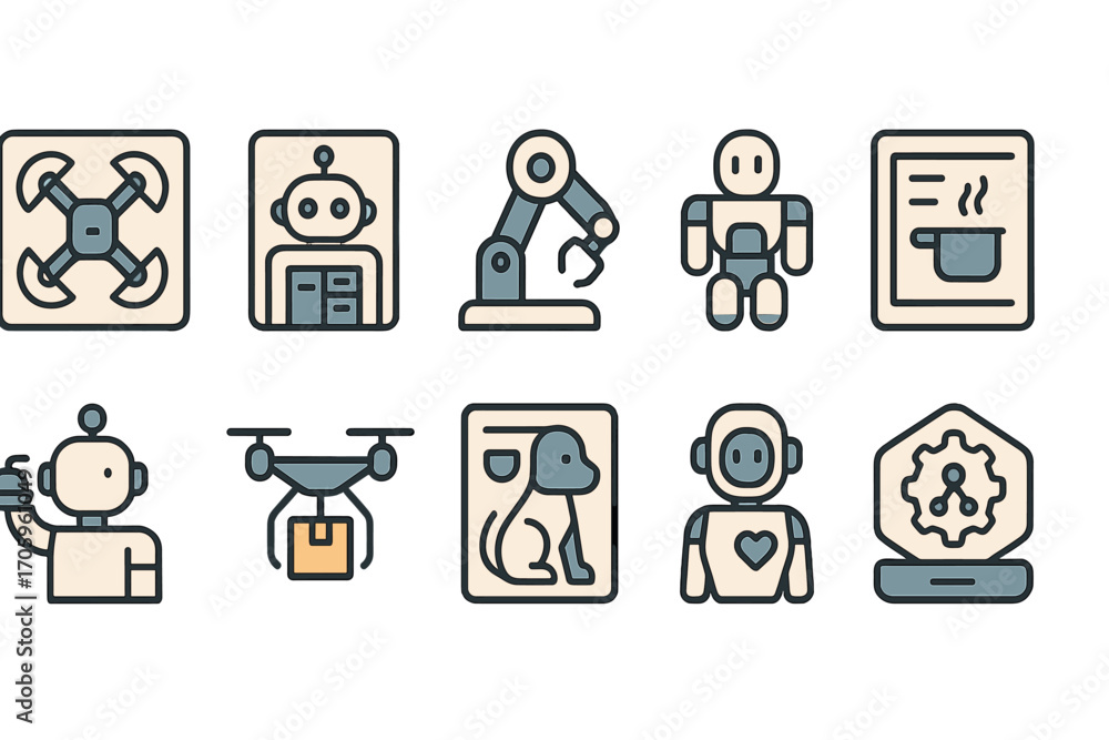 Aufkleber robotics, technology icon set. robots, automation linear style icons collection