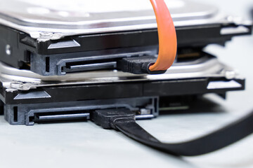 hdd and sata cable close up data storage close up on light background