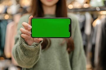 Woman holding phone with green screen