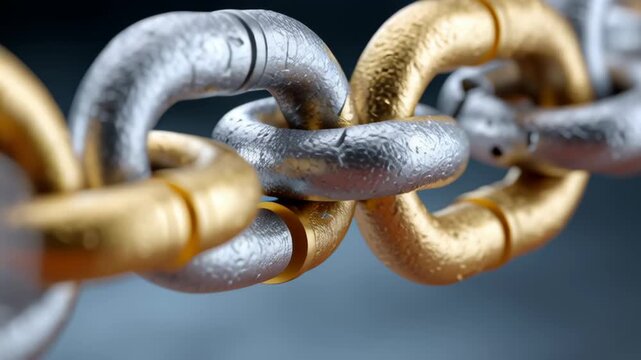 Breaking gold link under immense stress weak connection revealing emerging market debt failure. powerful symbol of financial collapse and flawed systems breaking point