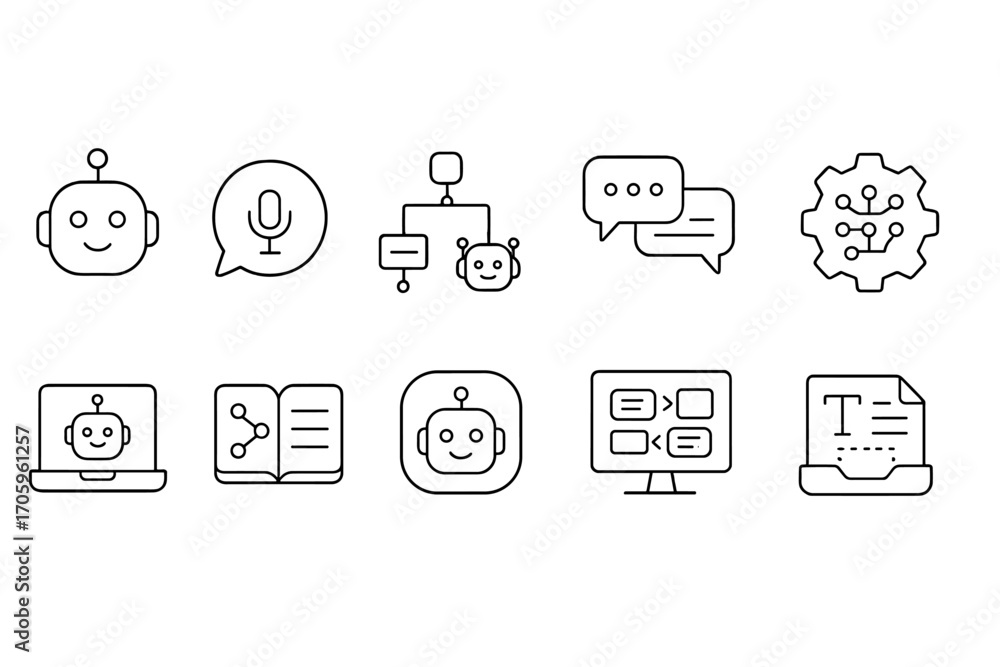 Poster ai and chatbot line icon set. technology, communication icons in outline style