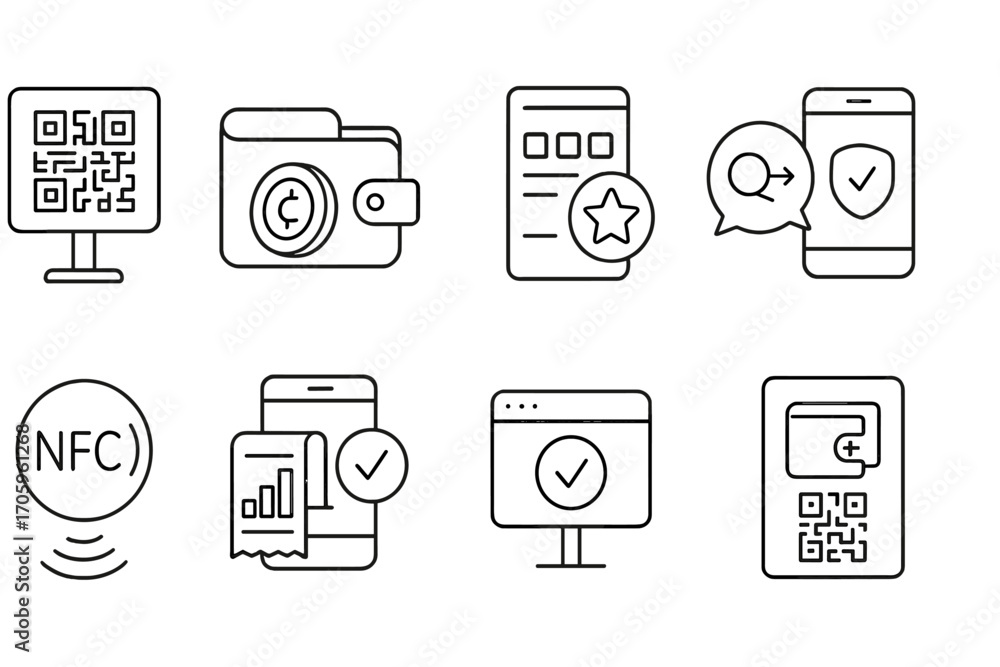 Poster finance and security icon set. digital finance linear icons for secure transactions