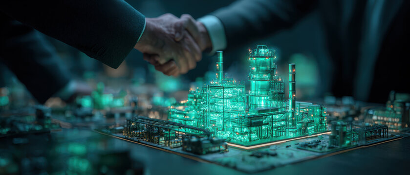 Futuristic hologram investor handshake agreement glow over smart industrial plant model