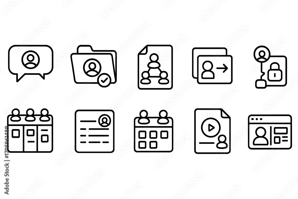 Poster teamwork and communication outline icon set for collaboration and projects