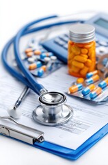 Medical still life stethoscope, forms, pills (orange and blue capsules) & calculator on white background