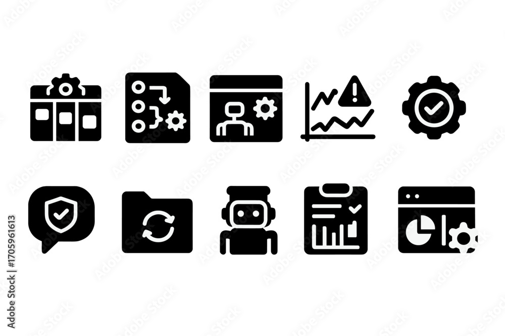 Poster business and technology solid icon set. workflow, ai, automation solid collection