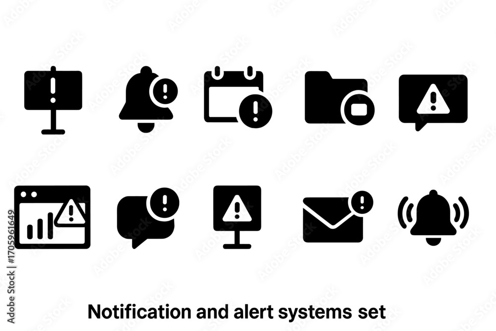 Poster notification and alert solid icon set. warning, message, interface symbols collection