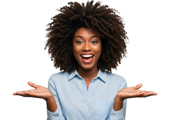 Joyful black woman with a voluminous afro smiling widely and spreading her arms transparent background