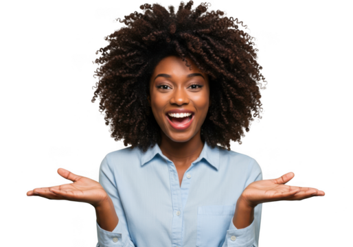 Joyful black woman with a voluminous afro smiling widely and spreading her arms transparent background