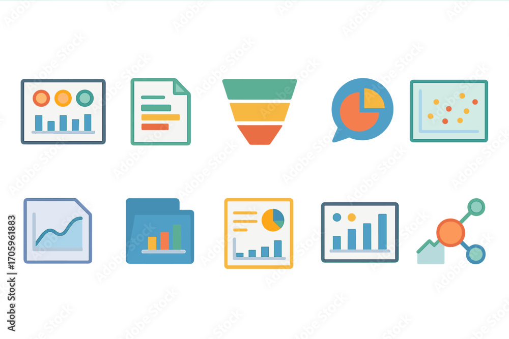 Aufkleber analytics and data visualization flat icon set. chart, graph elements collection