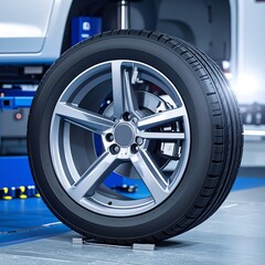 Obraz premium Car tire and wheel on lift in a garage