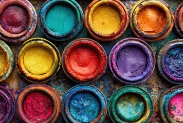 Overhead shot of an artist's colorful paint palette, showcasing vibrant pigments arranged in circular containers against a textured surface