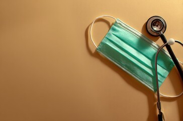 A mint-colored surgical mask rests near a stethoscope on a plain tan background. Warm lighting casts soft shadows in this healthcare themed image